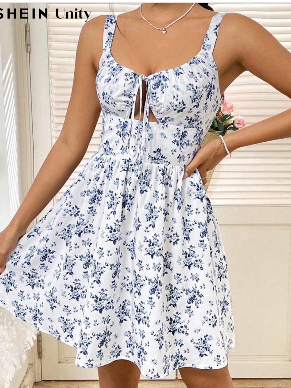 Shein White Mini Dress With Blue Floral Print